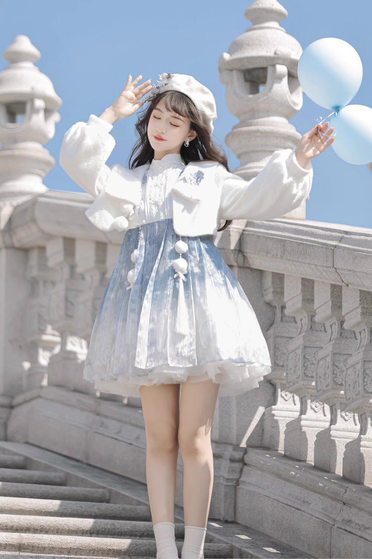 White/Blue Long Sleeves Print Ruffle Chinese Style Princess Sweet Lolita Jsk Dress Set - Product - 9