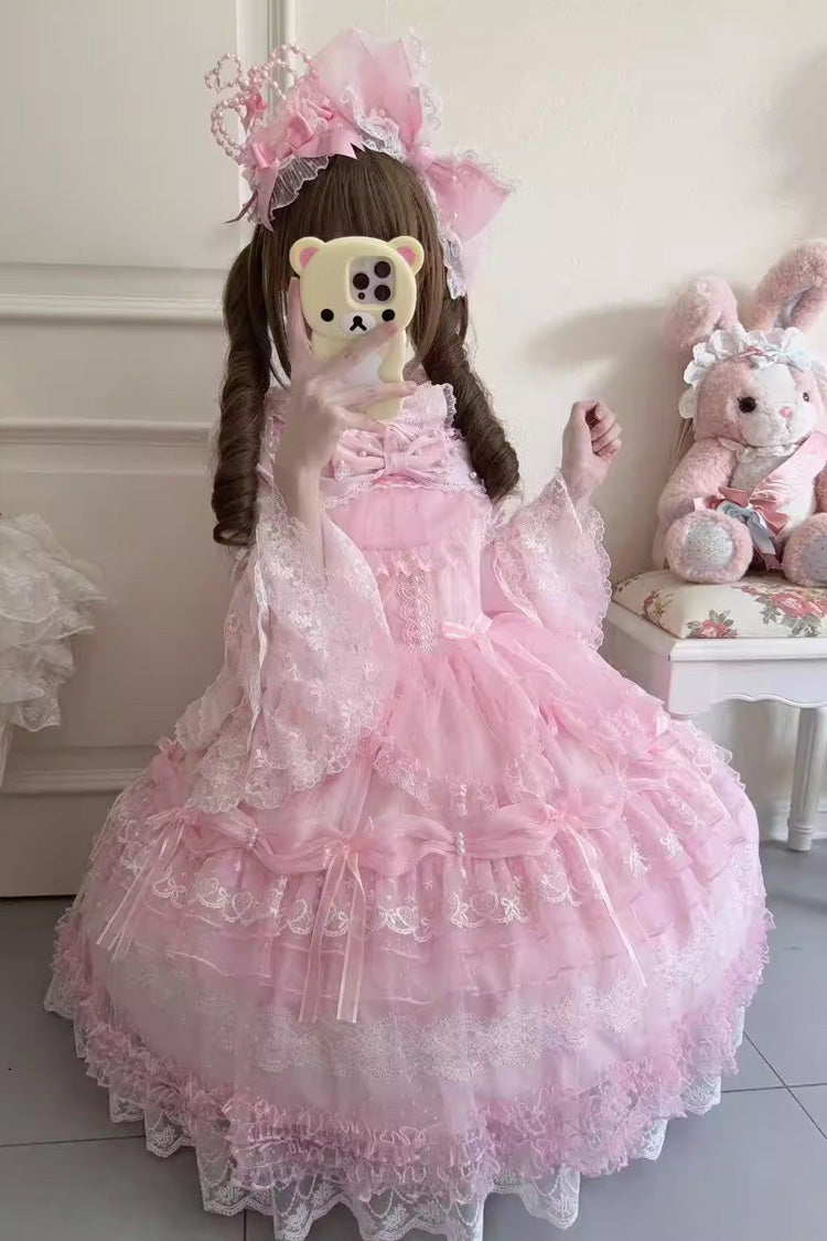 Pink [Sugar Heart Knot] Multi-Layered Ruffled Bow Lace Sweet Lolita Jsk Dress - Product - 6