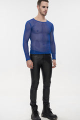 Blue Gothic Elasticity High Neck Long Sleeve Mesh Men's Shirt - Product - 4