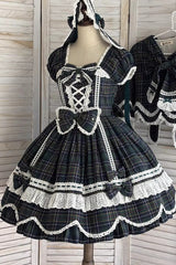 Green [Gingham Petal Bunny] Short Sleeves Printed Ruffled Bow Sweet Lolita OP Dress - Product - 11