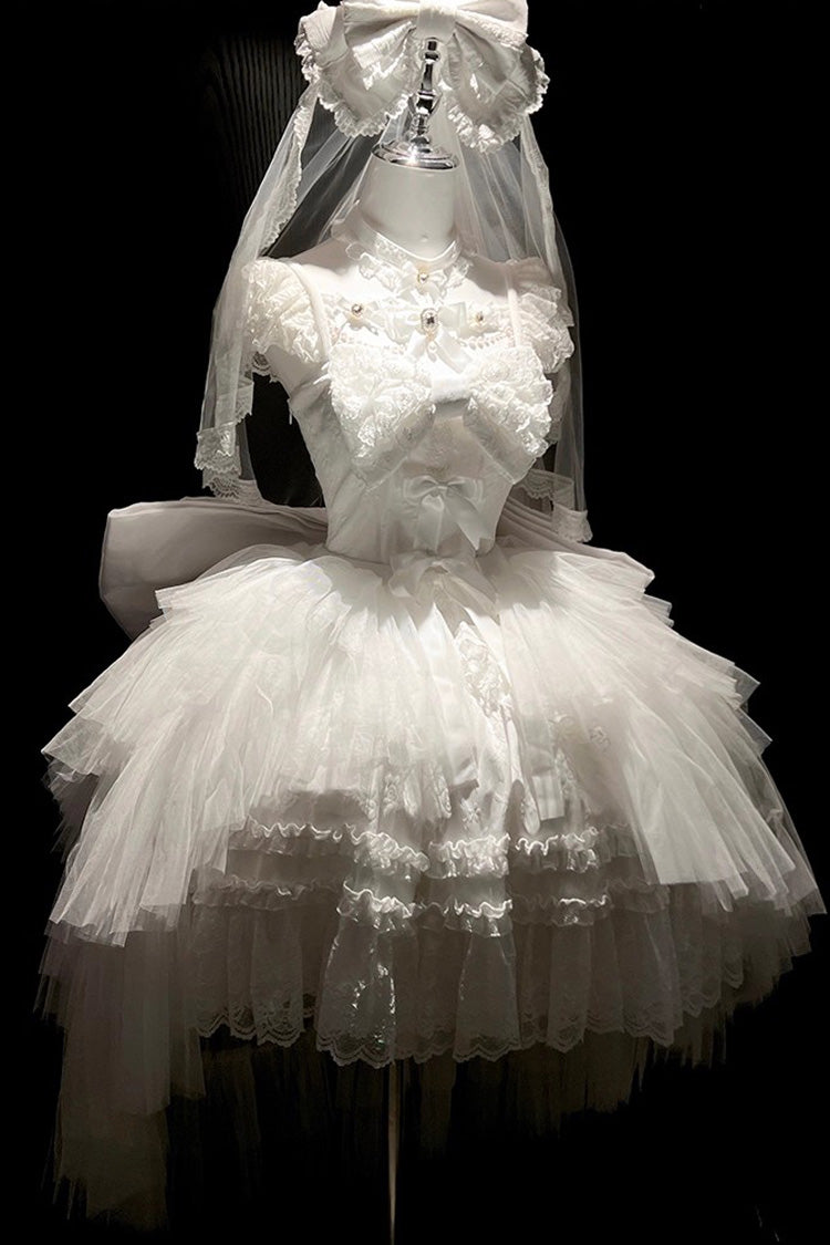 White [Jewelry Love Story] Halterneck Ruffle Hanayome Bowknot Lace Gothic Lolita Dress - Product - 8
