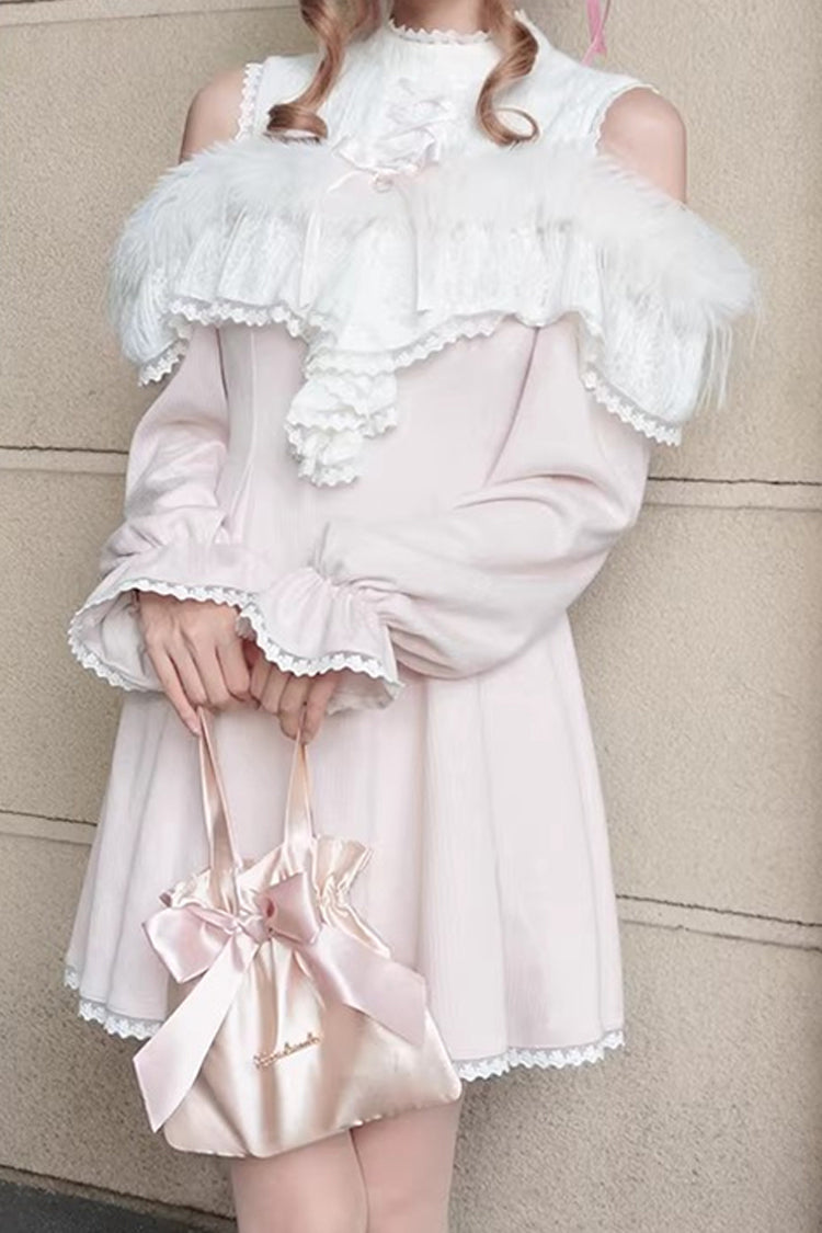 Pink [Little Love Song] Stand Collar Off Shoulder Long Sleeves Lace Sweet Japanese Elegant Lolita Dress - Product - 5