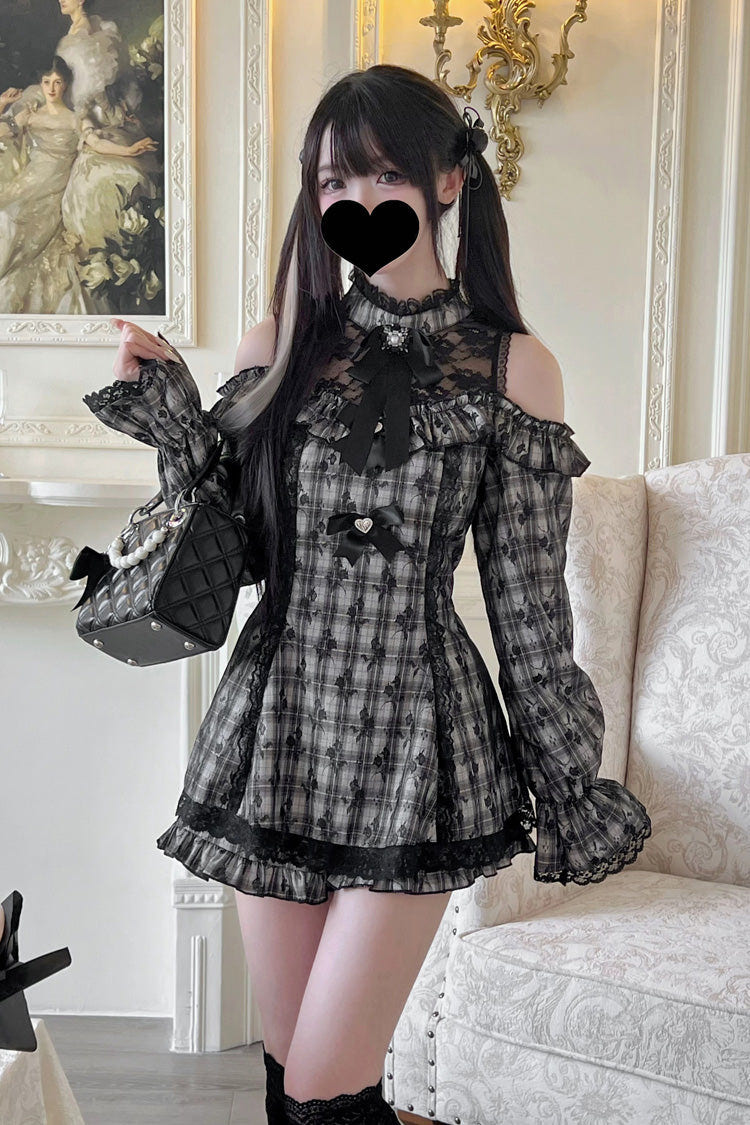 Sweet Off Shoulder Halterneck Long Sleeves Ruffle Bowknot Lace Jirai Kei Dress Shorts Set 4 Colors - Grey - 1