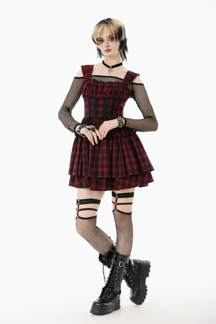 Red/Black Sleeveless Layered Plaid Ruched Women's Cake Dress Graduation Dress - Product - 10