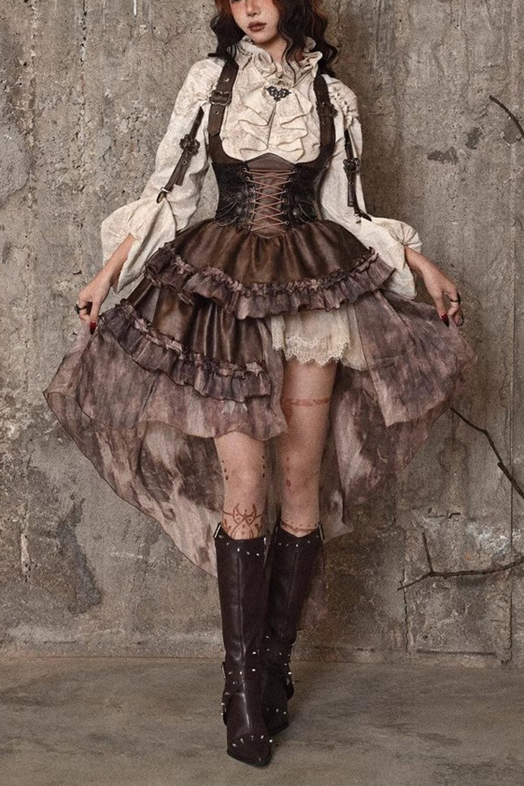 Brown Chest Straps Ruffle Irregular Detachable Tail Punk Lolita Dress - Brown - 1