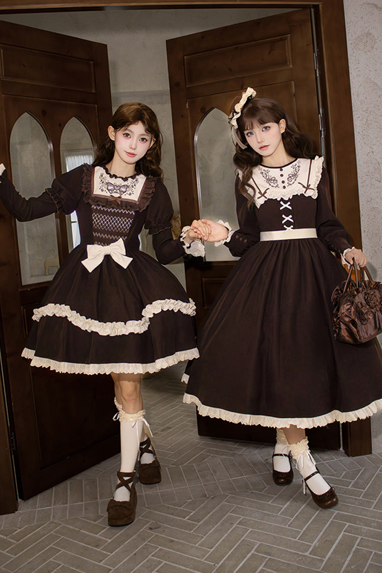 Brown [Miss Brown] Long Sleeves Ruffle Bouquet Embroidery Sweet Lolita Dress (Long Version) - Product - 8