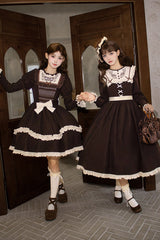 Brown [Miss Brown] Long Sleeves Double-Layered Ruffle Bouquet Embroidery Bowknot Sweet Lolita Dress (Short Version) - Product - 7
