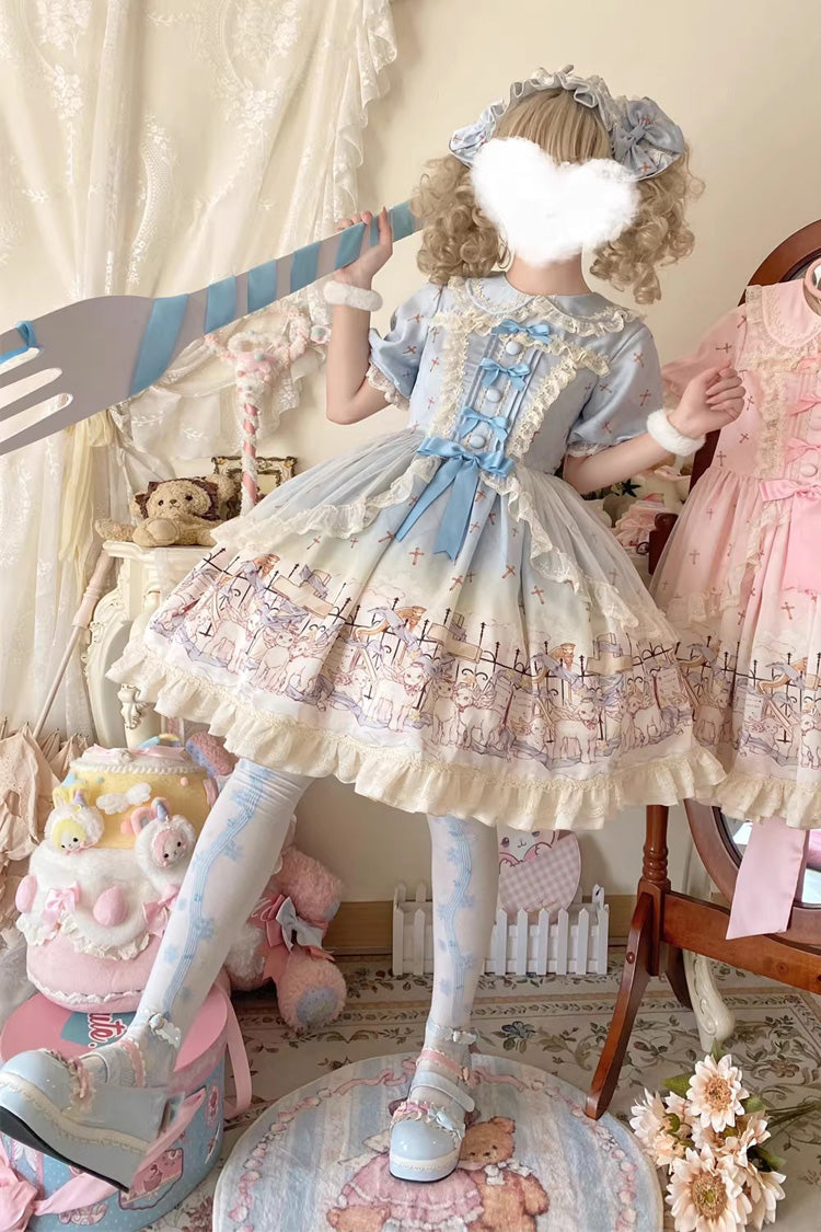 Blue [Angel Lamb] Lapel Collar Short Sleeves Printed Ruffled Bow Sweet Lolita Dress - Product - 4