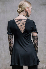 Black Sexy Mid-Length Patterned Lace Modal Women Gothic T-Shirt With Necklace - Product - 4