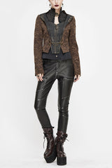 Brown Jacquard Slim Print Short Womens Punk Jacket - Brown - 1