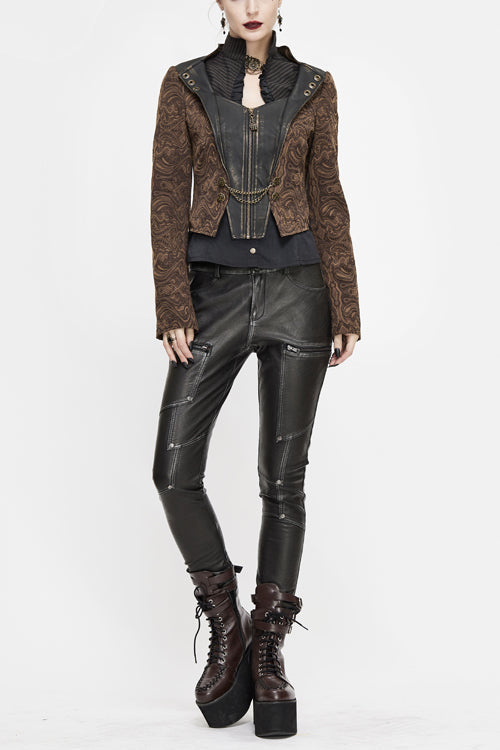Brown Jacquard Slim Print Short Womens Punk Jacket - Brown - 1