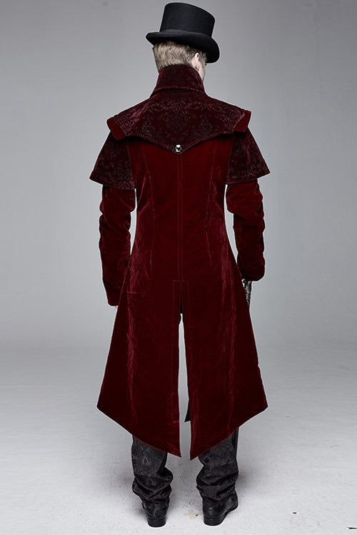 Red Gothic Stand Collar Velveteen Mens Coat - Product - 3