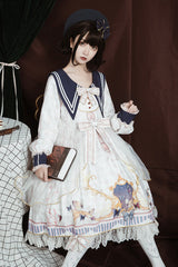 White Navy Collar Long Sleeves Butterfly Print Ruffle Bowknot Sweet Elegant Princess Lolita Dress - Product - 6
