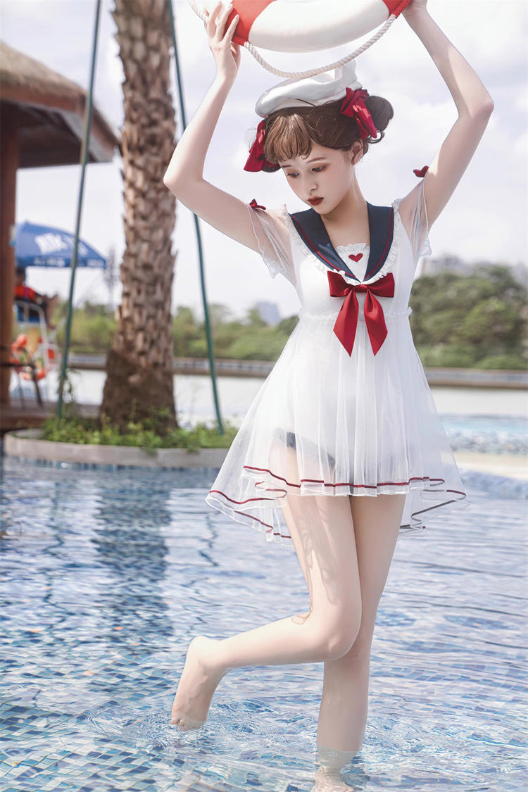 White/Blue/Red Bowknot Short Sleeves Navy Cute Sweet Lolita One Piece Swimsuit - Product - 5