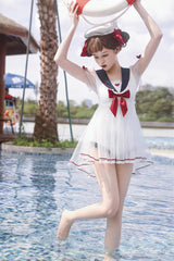 White/Blue/Red Bowknot Short Sleeves Navy Cute Sweet Lolita One Piece Swimsuit - Product - 5