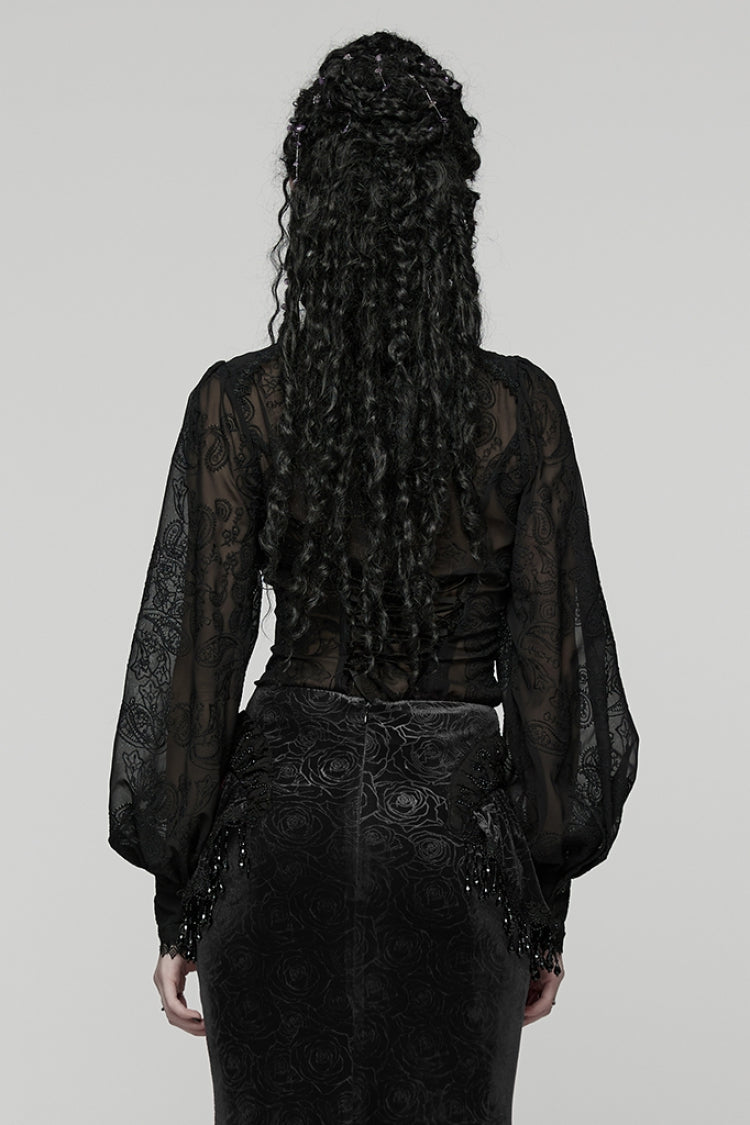 Black Stand Collar Long Puff Sleeves Floral Embroidered Women's Gothic Blouse - Product - 3