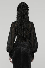 Black Stand Collar Long Puff Sleeves Floral Embroidered Women's Gothic Blouse - Product - 3