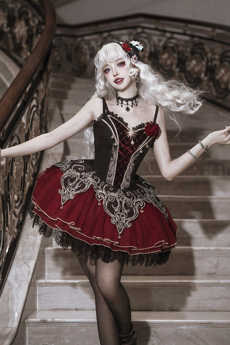 Black/Red [Blood Clan Feast] Ruffle Embroidery Lace Gothic Lolita Jsk Dress Set - Product - 4