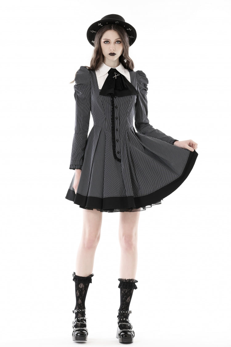 Black/White Lapel Collar Long Puff Sleeves Women's Gothic Striped Preppy Style Dress - Product - 11