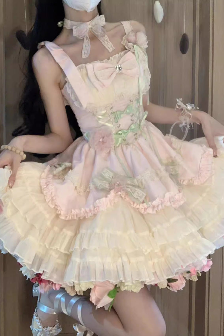 Pink/Ivory Ballet Style Garden Multi-layer Ruffle Bowknot Lace Sweet Lolita Jsk Dress - Product - 5
