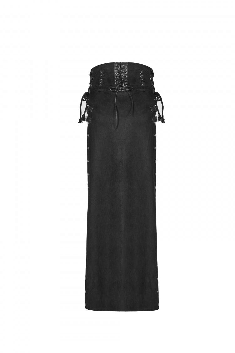 Black Metal Buckle PU Leather Buckle Lace-Up Sheer Women's Steampunk Long Skirt - Product - 7