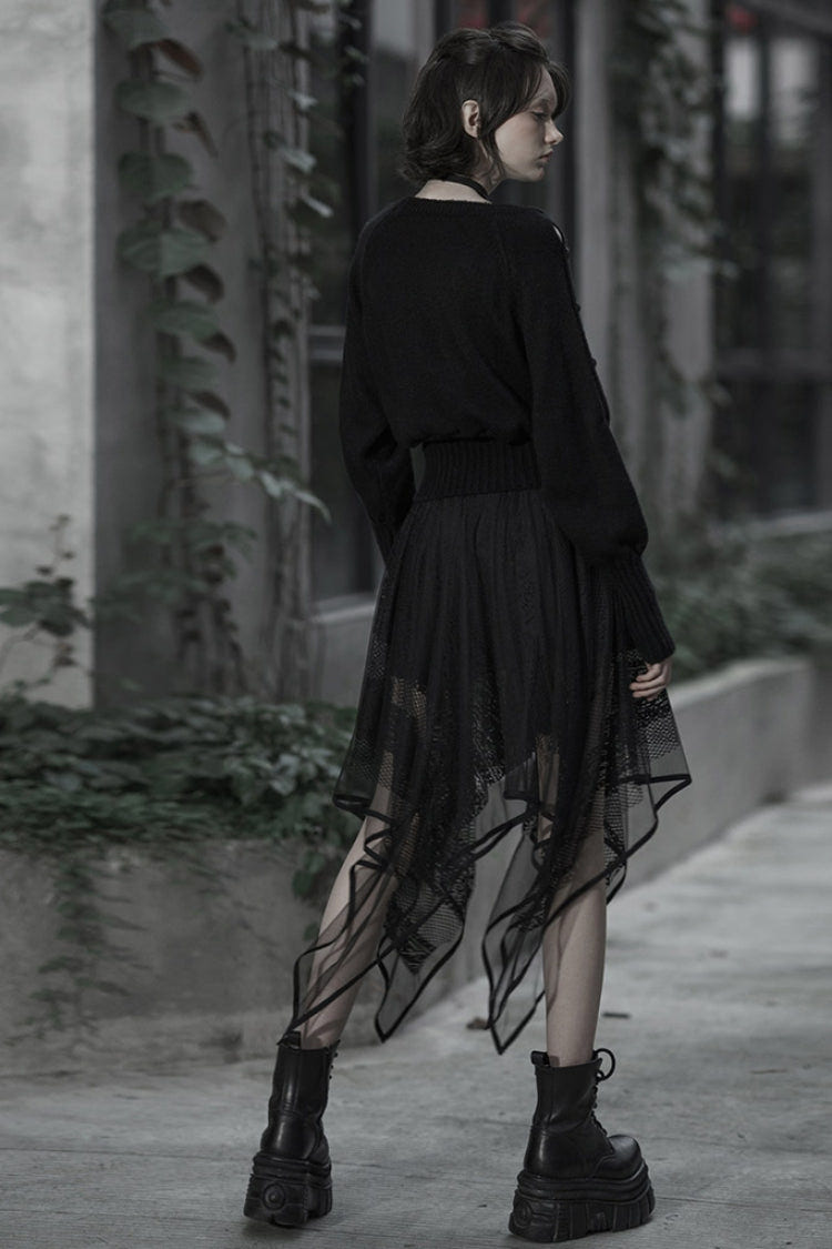Black Embroidery Lace Asymmetric Hem Women's Gothic Skirt - Product - 4