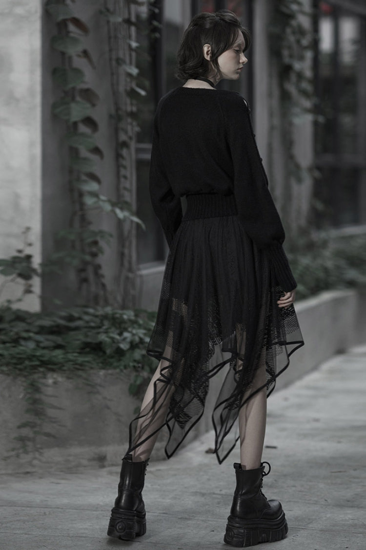 Black Embroidery Lace Asymmetric Hem Women's Gothic Skirt - Product - 4