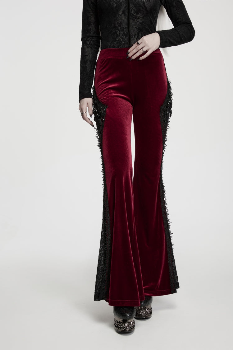 Red Patchwork Slim Fit Women's Gothic Floral Lace Spliced Beaded Tassel Flare Pants - Red - 1