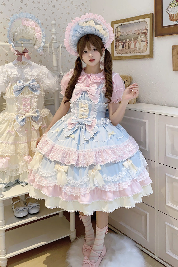 Blue/Pink [Fondant Cake] Sleeveless Multi-Layered Ruffle Bowknot Lace Sweet Lolita Jsk Dress - Product - 7
