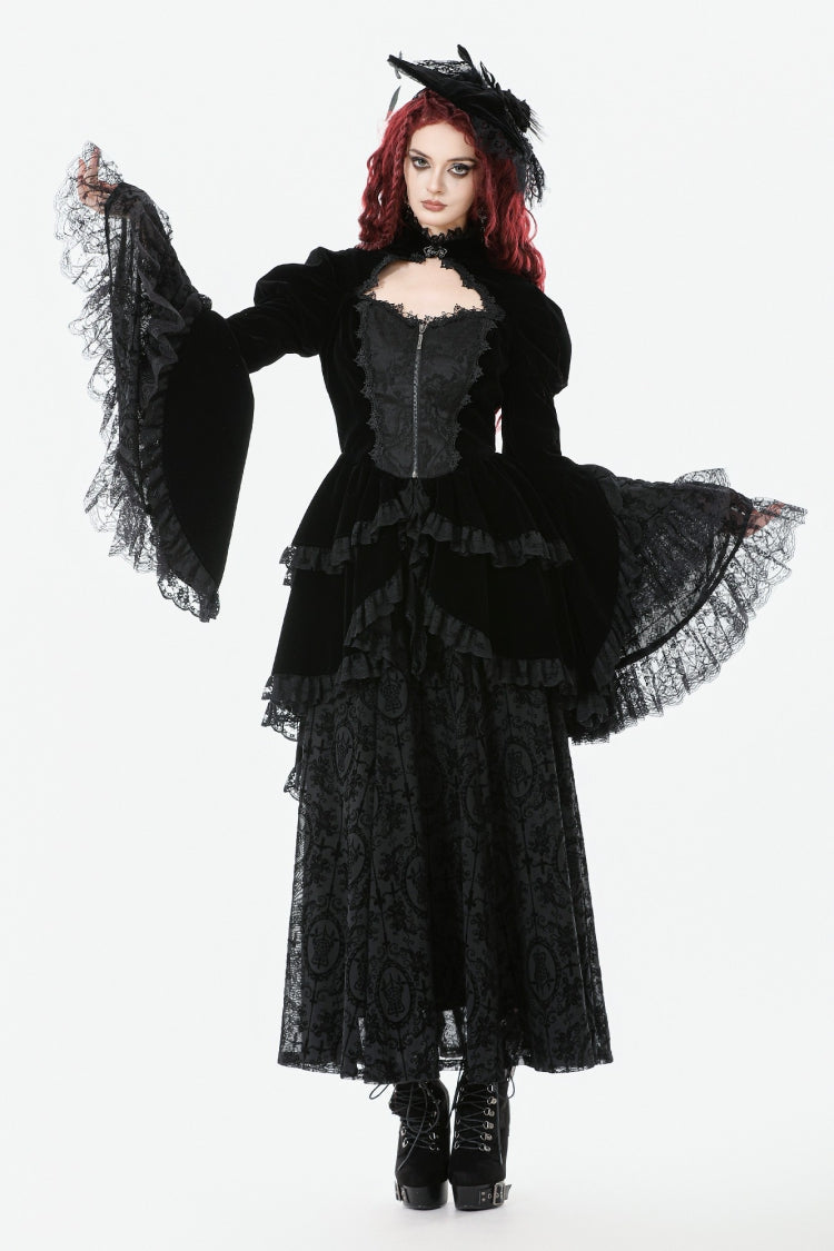 Black Long Puff Sleeves Multi-Layered Ruffled Lace Hem High Low Women's Gothic Coatlet - Product - 8
