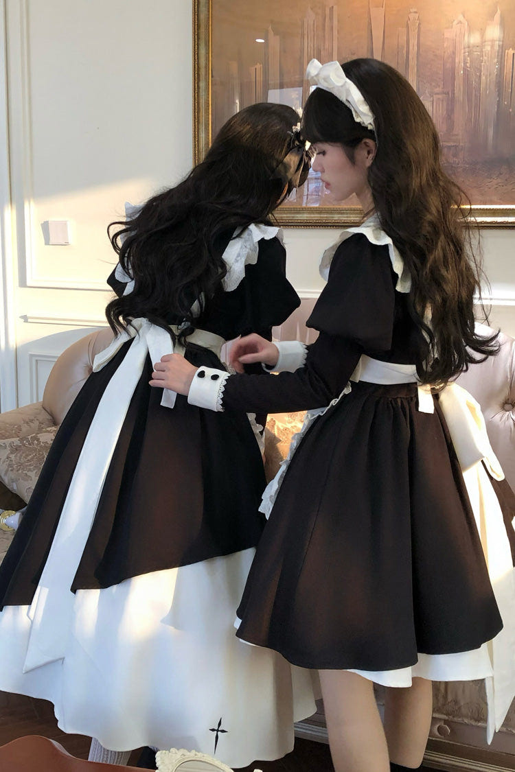 Black/White [Halloween Little Maid] Lapel Collar Long Sleeves Printed Ruffled Asymmetric Nun Gothic Lolita Dress - Product - 3