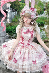 Pink [Sweetheart Bunny] Square Collar Flutter Sleeves Multi-Layered Jacquard Ruffled Embroidered Bow Lace Sweet Lolita Jsk Dress - Product - 9