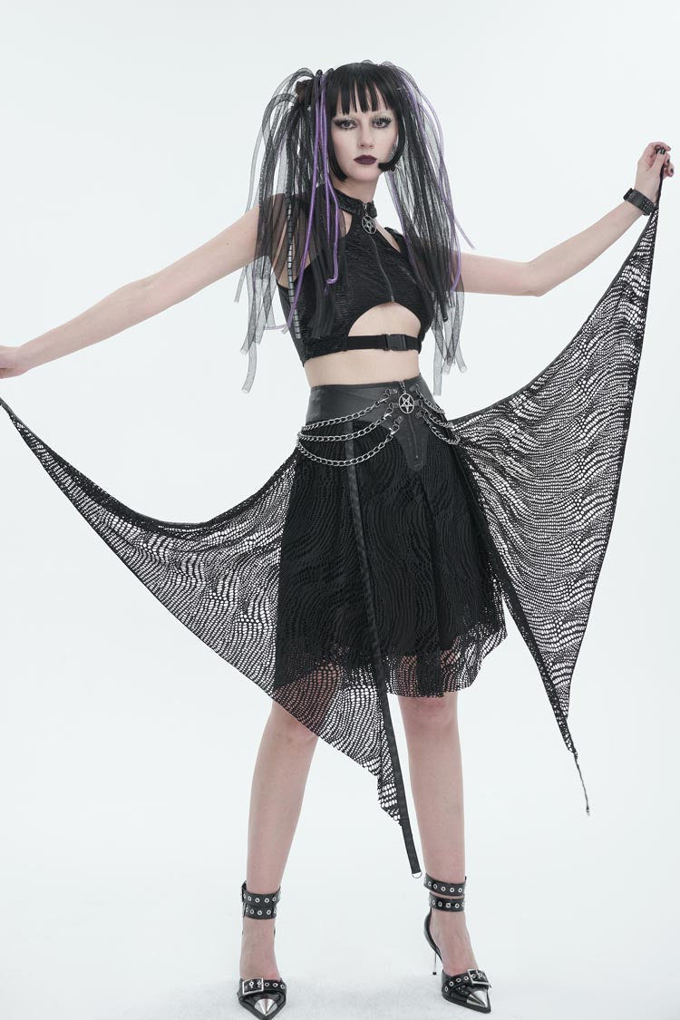 Black Irregular Half Hollow Knit Metal Chain Decorated Women's Punk Skirt - Product - 6
