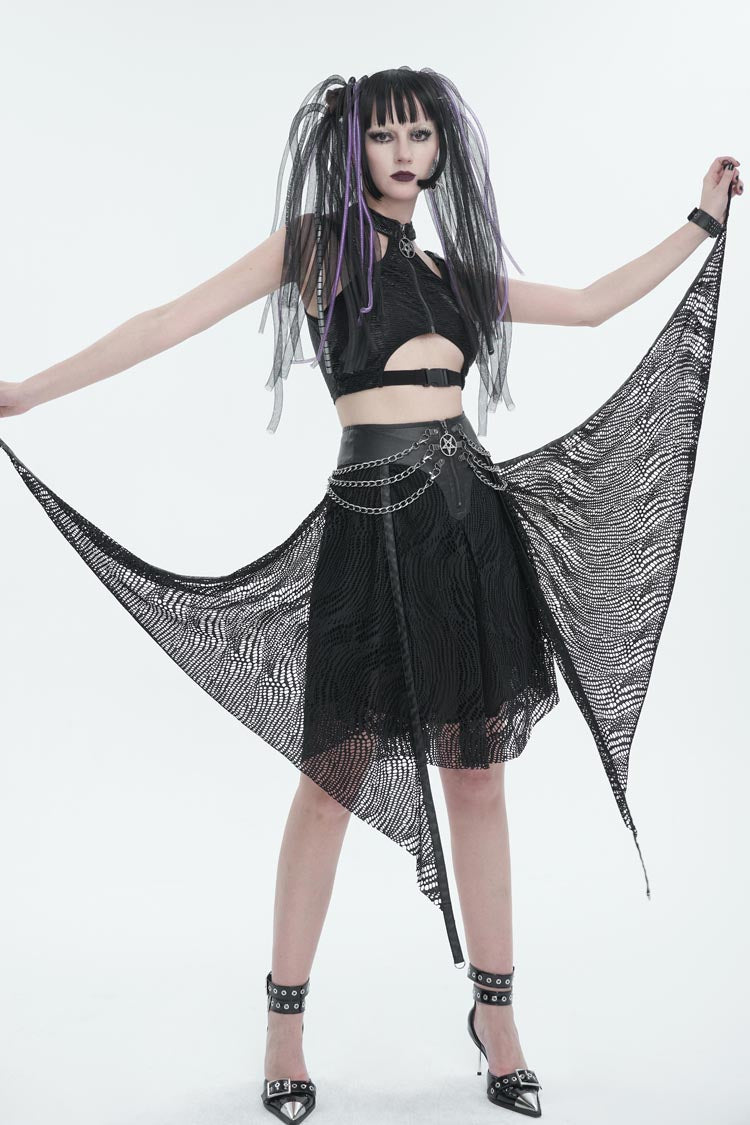 Black Irregular Half Hollow Knit Metal Chain Decorated Women's Punk Skirt - Product - 6