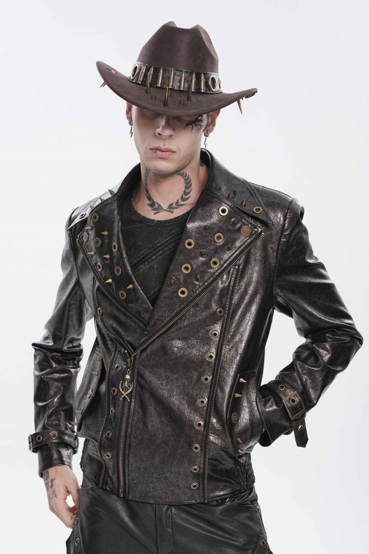 Brown Lapel Collar Long Sleeves Asymmetric Studded Zippered Pleated Eyelet Men's Punk Jacket - Brown - 1