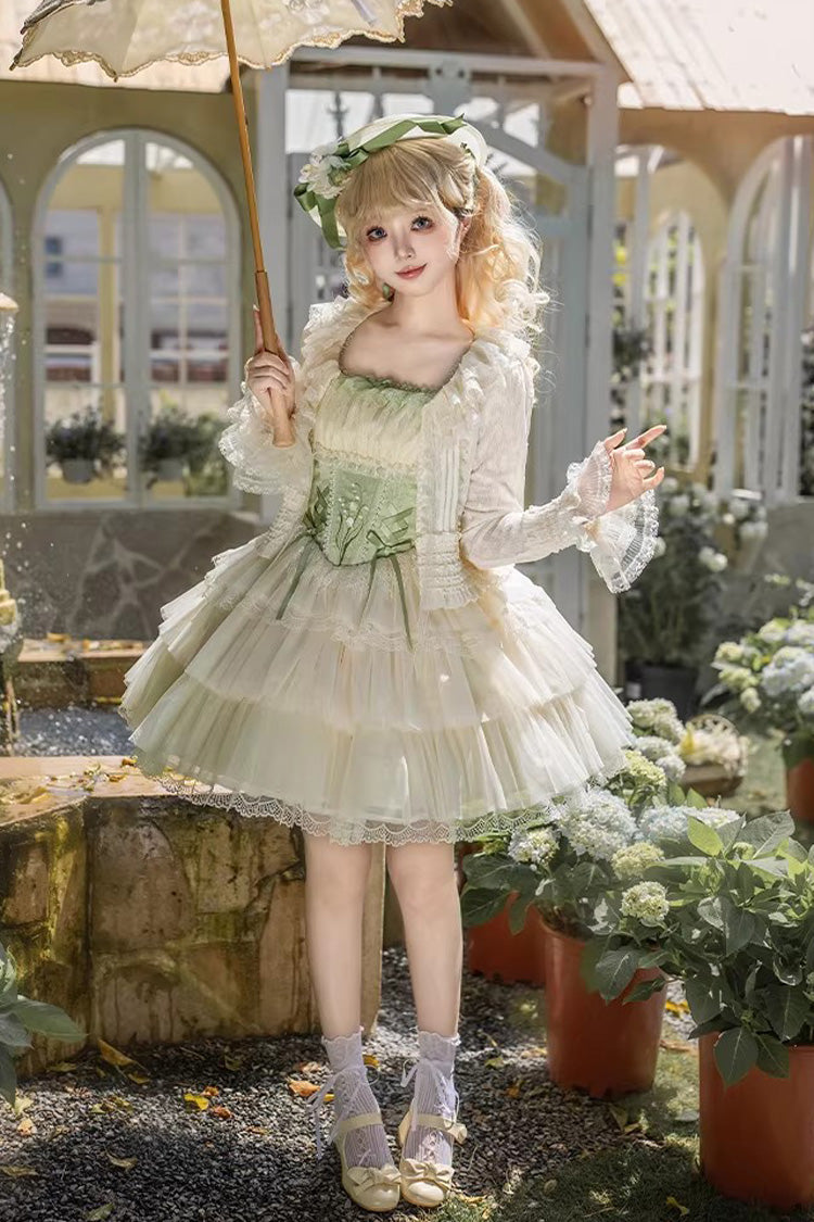 Green [Letters & Poems · Whisper of Lily of the Valley] Square Collar Multi-Layered Ruffled Embroidered Fishbone Sweet Lolita Jsk Dress 2 Versions - Product - 12