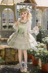 Green [Letters & Poems · Whisper of Lily of the Valley] Square Collar Multi-Layered Ruffled Embroidered Fishbone Sweet Lolita Jsk Dress 2 Versions - Product - 12