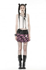 Black/Pink Women's Punk Grunge Zippered Faux Leather Spliced Plaid Pleated Mini Skirt - Black/Pink - 1