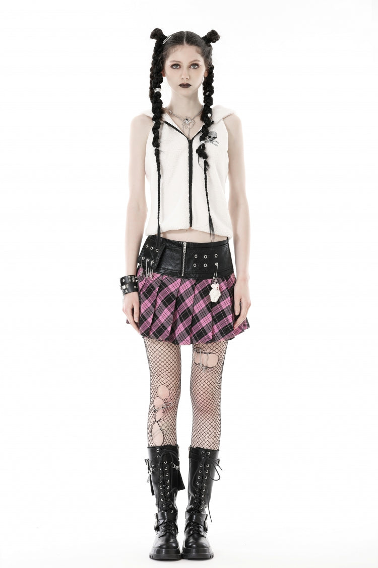 Black/Pink Women's Punk Grunge Zippered Faux Leather Spliced Plaid Pleated Mini Skirt - Black/Pink - 1