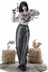 Black [Infinite Battlefield] Long Sleeves Printed Techwear Style Gothic Handsome Ouji Lolita Set - Product - 8