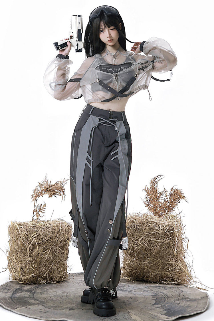 Black [Infinite Battlefield] Long Sleeves Printed Techwear Style Gothic Handsome Ouji Lolita Set - Product - 8