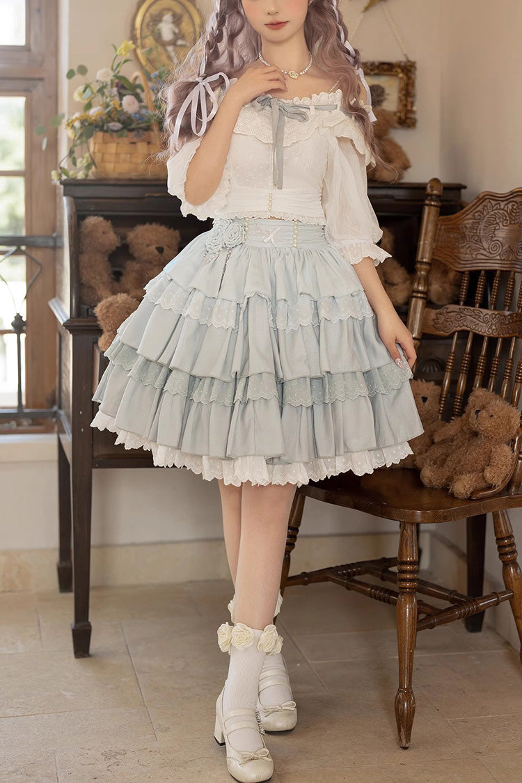 White/Blue Flower Language Multi-layer Ruffle Sweet Lolita Skirt Set - White/Blue - 1