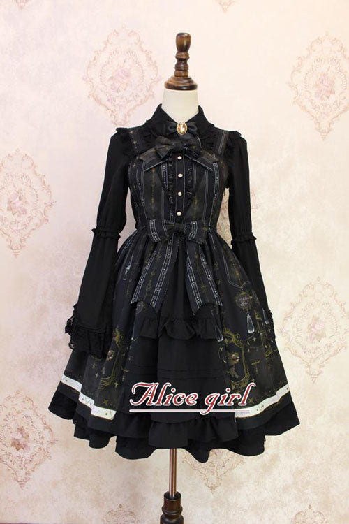 Angel Cross Print Lace Bowknot Cardigan Ruffled Sweet Lolita JSK Dress - Black - 4