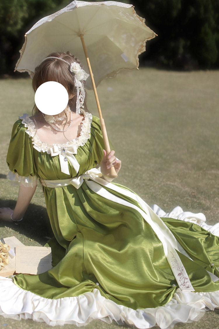 Green Square Collar Short Sleeves Ruffle Bowknot Sweet Regency-Style Vintage Lolita Dress - Product - 5