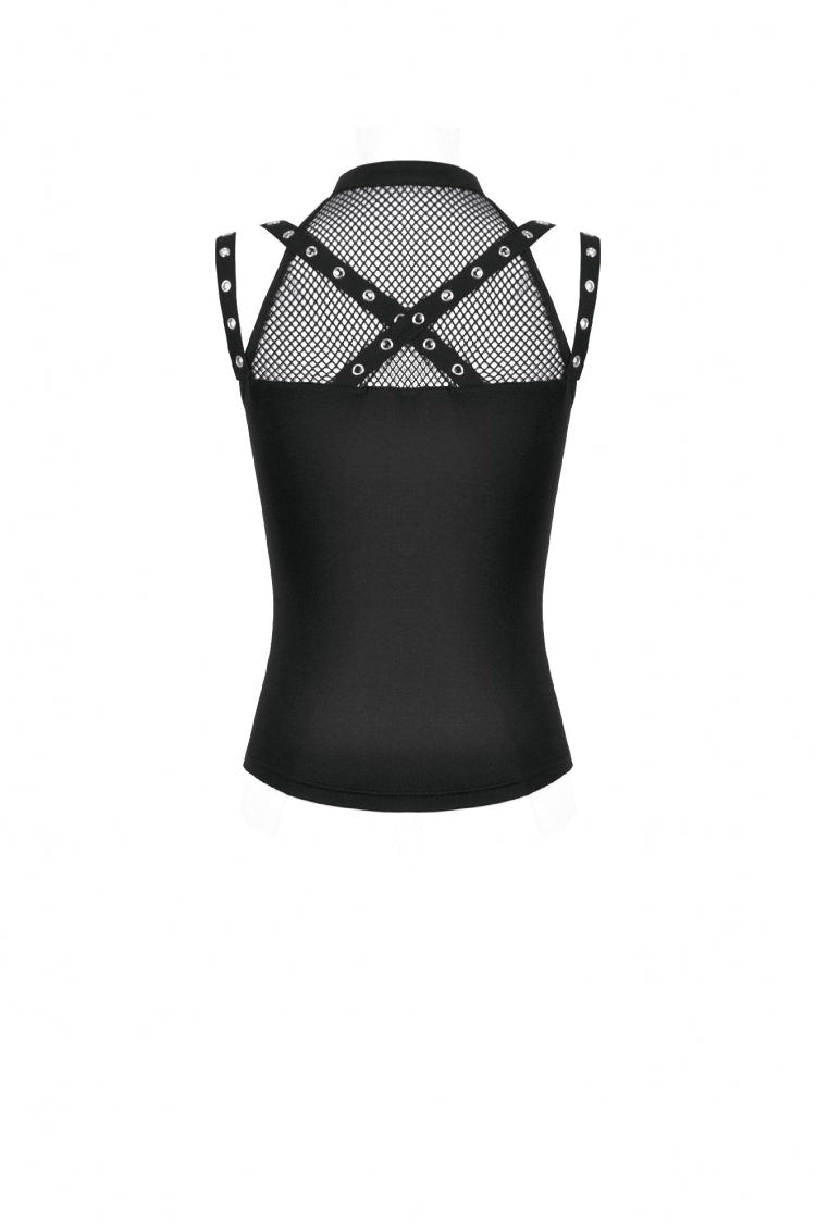 Black Women's Punk Halter Cut-Out Lace-Up Eyelet Strap Mesh Splice Tank Top - Product - 14