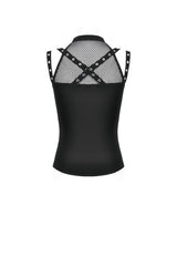Black Women's Punk Halter Cut-Out Lace-Up Eyelet Strap Mesh Splice Tank Top - Product - 14