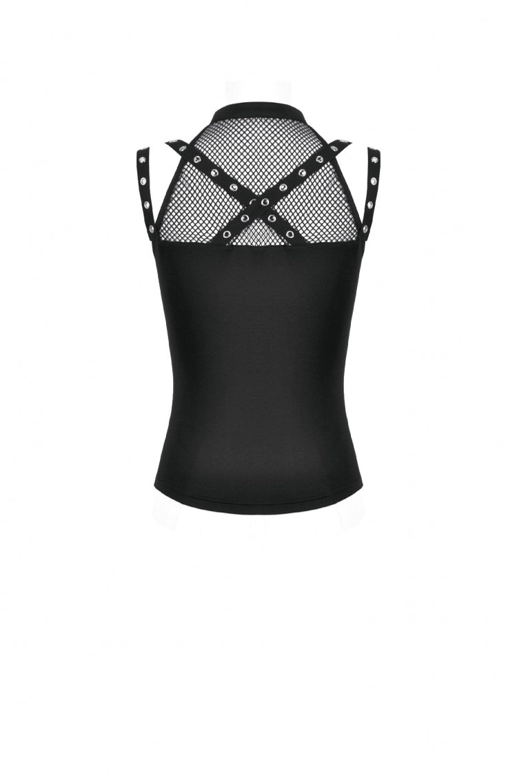 Black Women's Punk Halter Cut-Out Lace-Up Eyelet Strap Mesh Splice Tank Top - Product - 14