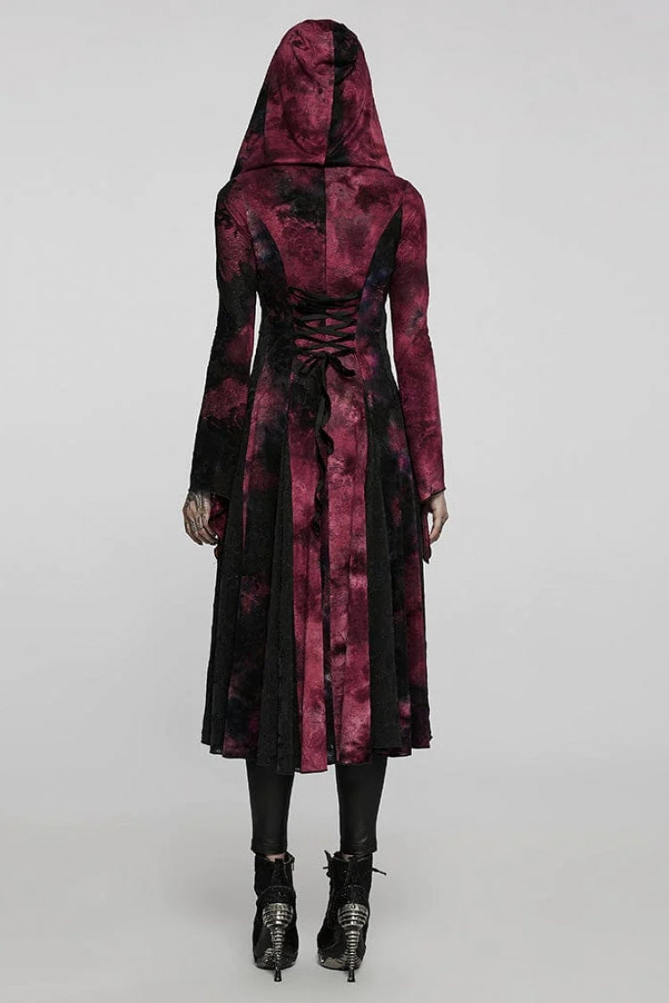 Red/Black Long Trumpet Sleeves Stitching Hooded Womens Gothic Vintage Coat - Product - 3