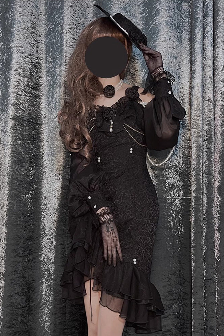 Black [Camellia 2.0] Sleeveless Jacquard Ruffle Lace Asymmetric Gothic Chinese Style Fishtail Lolita Jsk Dress - Product - 4