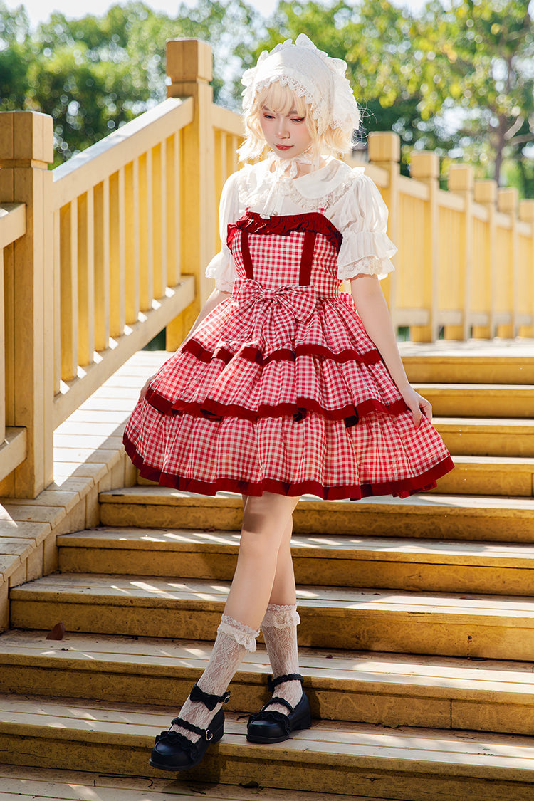 Red [Cloth Cat] Triple-Layered Plaid Print Ruffle Bowknot Sweet Lolita Dress - Product - 5